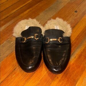 Khloe Black Leather Faux Fur Mule